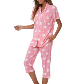 Tugege Capri Pajamas Set Womens Button Down Short Sleeve Lounge Sets Sleepwear Notch Collar Top & Capri 2 Piece PJ Sets Pink Rose