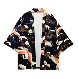 CIZEUR Summer Jacket Fashion Japanese Men's Jacket Cardigan Couple Kimono Coat Casual 3/4 Sleeves, Z-White Orange Crane