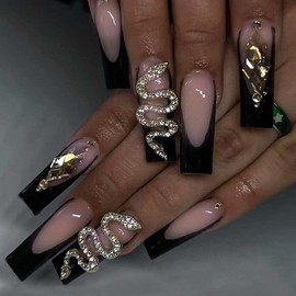 ANDGING French Tip Press on Nails Long Coffin Black Fake Nails with Glitter Gold Snake Rhinestone Design Glue on Nails for Women Acrylic False Nails Stick on Nails Manicure Nail for Wedding
