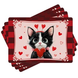 Cute Cat Placemats Set of 4 - Pink Red Heart Checkered Valentines Faux Leather Place Mats for Kitchen Table Indoor Outdoor Non-Slip Heat Resistant Placemat Wipeable Dining Table Mats, 17" x 12"