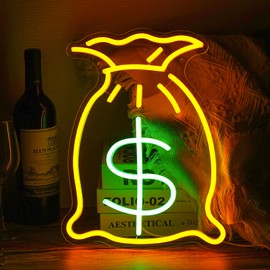 Bag Of Money Neon Sign, Neon Sign For Wall Decor, Golden Yellow+Green Led Signs Usb Powered, Living Game Room Decor, For Bedroom Office Restaurant Bar Hotel Shop Party Birthday (14.2x10.8in)