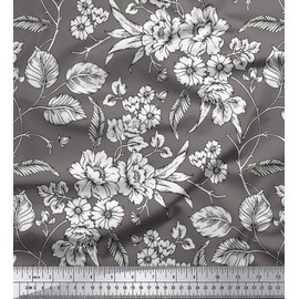 Soimoi Floral Print 44 Inches Wide Pure Silk Fabric Dressmaking Material by The Yard - Dark Gray