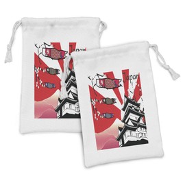 Lunarable Tokyo Fabric Pouch Set of 2, Japanese Castle with Traditional Style Gable Roof Koinobori and Sakura Flowers Image, Small Drawstring Bag for Toiletries Masks and Favors, 9" x 6", Multicolor