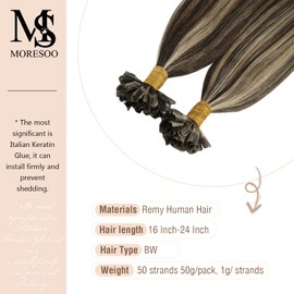 Moresoo U Tip Extensions Human Hair 18 Inch Remy Keratin Bond Extensions Human Hair Dark Brown Highlighted with Caramel Blonde Pre Bonded Utip Human Hair Extensions 50G/50S