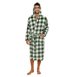 Vulcanodon Mens Robe with Hood, Fleece Bathrobe Plush Robes for Men, Buffalo Plaid-green, XX-Large-3X-Large