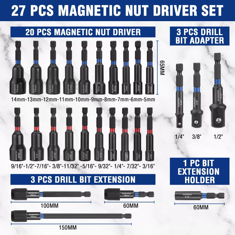 Workpro 27 PCS Magnetic Nut Driver Set Impact Drill Driver