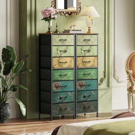 WLIVE Tall Dresser for Bedroom, 7 Drawer Dressers & Chests of Drawers, Fabric Dresser for Closet, Living Room, Night Stand with Metal Frame, Storage Tower with Fabric Bins, Wood Top, Floral Painted