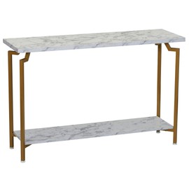 Household Essentials Crown Console Sofa Table with Storage Shelf White Marble and Gold Metal