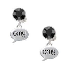 Delight Jewelry Silvertone Text Chat - omg - Oh My God - Large Black Crystal Clip on Earrings