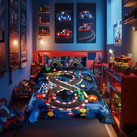 Full Size Comforter Sets for Boys Kids,Racing Car Bedding Comforter Sets,Cars Bedding for Teens Men,Cars Lover Bedding,Cool Race Cars Quilt Bed Set with 1 Comforter 2 Pillowcases(Blue Red)