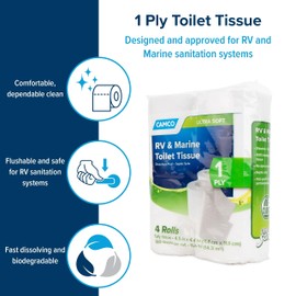 Camco Marine & RV Toilet Paper - 4-Rolls - 1-Ply Quick Dissolve RV & Marine Septic Safe Bath Tissue - Dye & Fragrance Free - 280 Sheets Per Roll (40275)