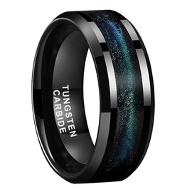 TUTISS 8mm Black Tungsten Rings for Men Women Blue Green Flowing Sand Inlay Engagement Promise Wedding Band Beveled Polished Shiny Comfort Fit Size 7.5
