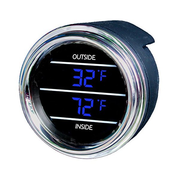 Teltek USA Inside Outside Auto Thermometer Gauge Dual Display for Any Semi, Pickup Truck or Car - Bezel: Black - LED Color: Blue
