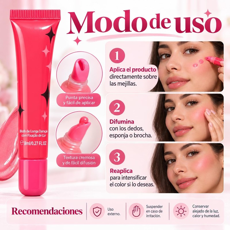 Rubor Líquido Blush Cremoso Para Mejillas Larga Duración 8ml