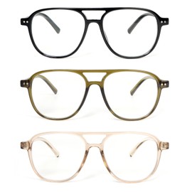 MMOWW 3 Pack Oversized Aviator Reading Glasses for Women Men Stylish Double Bridge Pilot Style Blue Light Blocking Readers, Black/Light Green/Champagne +1.5