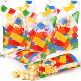 Teenyyou 60 Pcs Building Block Party Gift Bags Plastic Colorful Bricks Zip Closure Bags with Handles Sealing Candy Treat Goodie Handbags for Blocks Birthday Party Favors Supplies