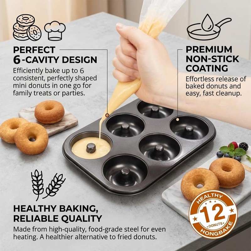 2 Pack Nonstick Donut Baking Pans, 6 Cavity Easy Steel