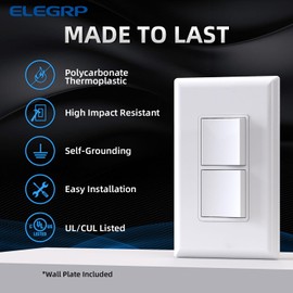ELEGRP Decorator Double Rocker Light Switch, Two Single Pole Electrical Paddle Switch, 15A 120V, in-Wall On/Off, with Screwless Wall Plate, Self-grounding, UL Listed (2 Pack, Glossy White)