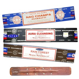 Satya Nag Champa Agarbatti, Aura Cleansing and Rain Forest Incense Sticks | x3 pack | with SAMASIA incense sticks holder | Burn for Relaxing
