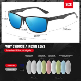 DUCO Sunglasses for Men Carbon Fiber Temples with Rectangular Polarized Metal Frame Sunglasses DC8206 (Black Frame Blue Lens)