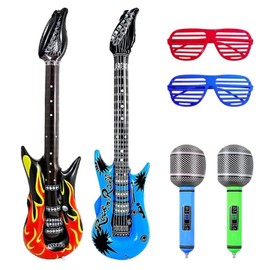 2pcs Inflatable Guitars, 2pcs Inflatable Microphone and 2pcs Party Glasses, Apply to Kids Adults Birthday Party Decoration Gift, Musical Concert Themed Party Favor(Random color)
