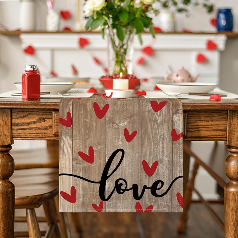 Artoid Mode Wood Love Valentine's Table Runner, Seasonal Anniversary Kitchen