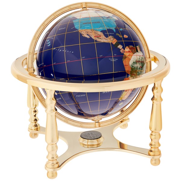 Unique Art Since 1996 13-Inch by 9-Inch Blue Lapis Ocean Table Top Gemstone World Globe with Gold Tripod, 220-GB-BLUE-GOLD