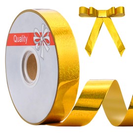 FAKILO 2.5cm x 100Yards Gold Laser Curling Ribbon, Waterproof Outdoor Holographic Ribbon for Gift Wrapping, Bows, Christmas Decor, Bird Reflective Deterrent