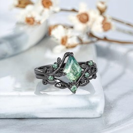 DONGHU 1.5CT Kite Cut Natural Moss Agate Engagement Ring Set Sterling Silver Black Gold Plated Inspired Leaf Moss Agate Wedding Ring Set for Women Size 8.5