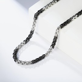 YAMI Chain Necklace for Men, Black and Silver Wheat Chain, Titanium Steel Two Tone Chains for Men Women, Stylish & Cool Jewelry for Men, 8MM 24IN
