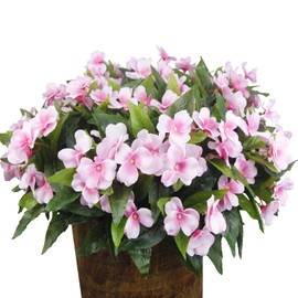FAICOIA 8 Pcs Artificial Impatiens Flowers for Outdoors Faux Impatiens Bushes Pink Silk Flowers Greenery Artificial Impatiens Bouquet for Patio Lawn Garden Pot Hanging Basket Porch Decoration
