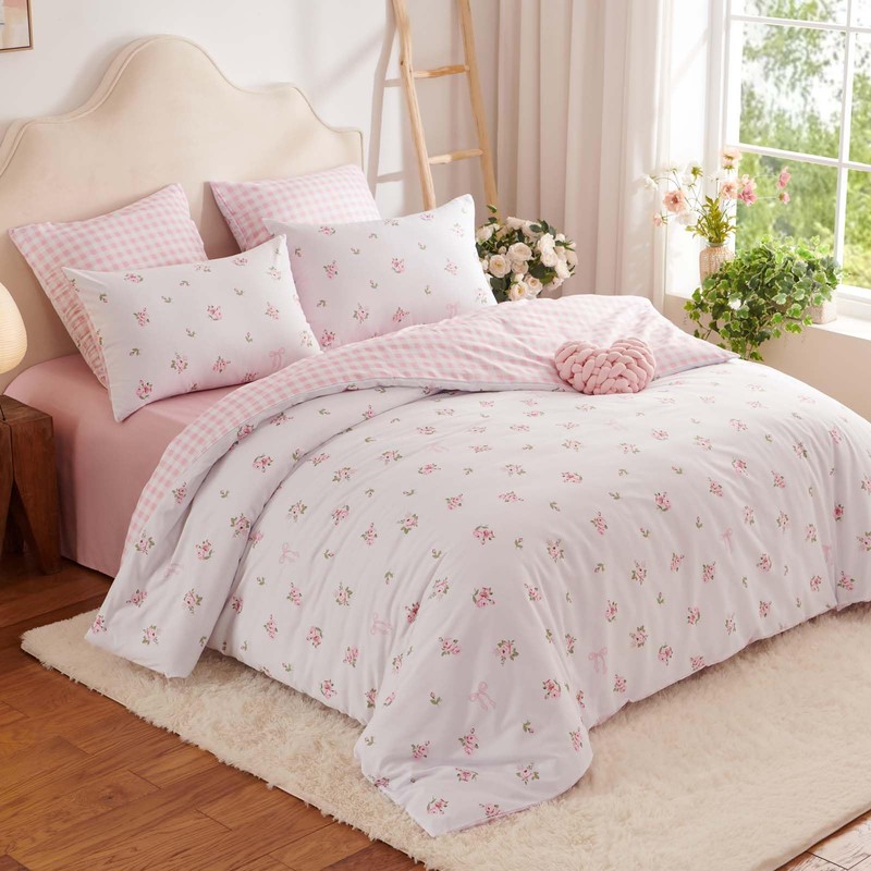Pink Floral Comforter Set Queen Reversible Pink Gingham Bedding