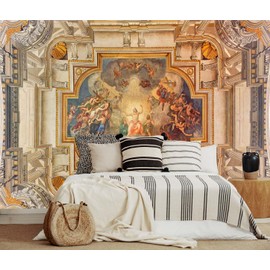Jdayda Gold Rome Church Ceiling Wallpaper Mural Renaissance Art Wall Mural Baroque Art Wall Decoration for Bedroom Living Room (Not Self-Adhesive)