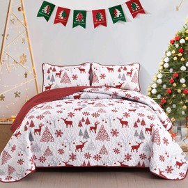 Luxudecor Christmas Quilt Set King Size, Xmas Tree Reindeer Snowflake Quilt Elk Deer Red Bedspread 3 Pieces Lightweight Festival Coverlet Bedding Gifts (King, 108×92")