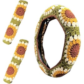 Cubierta del Volante de Crochet, Cubiertas de Volante de automóviles de Girasol Hechos a Mano con 2 Cubiertas de cinturón de Seguridad, Accesorios Decorativos de Autos Decorativos universales de 4 te