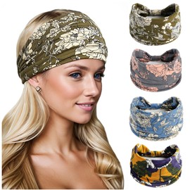 Dresyu Wide Headbands for Women Floral Printed Knotted Head Bands for Women's Hair African Non Slip Headwrap Yoga Sports Hairdband Hair Accessories 4 Pack