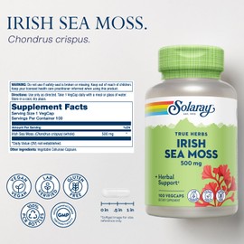 SOLARAY Irish Sea Moss 500 mg Naturally Occurring Vitamins, Minerals, and Fiber Herbal Support for Gut Health and More - Vegan, Gluten Free, Lab Verified - 60 Day Guarantee - 100 Servings, 100 VegCaps