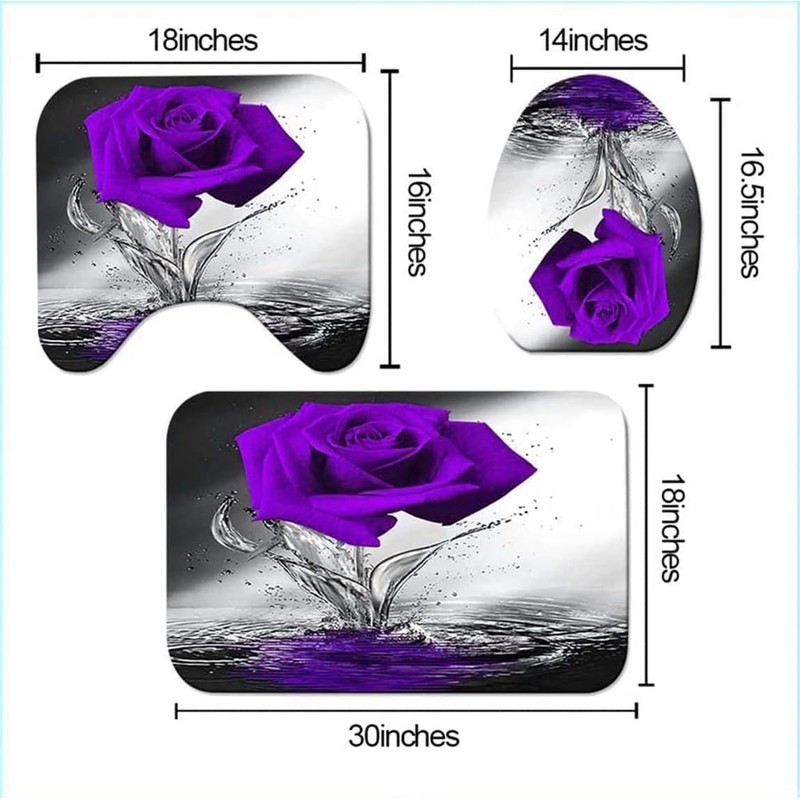Purple Rose Bathroom Set with Shower Curtain and Non-Slip Rugs,