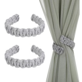 Braided Curtain Tiebacks for Drapes, 2PCS Boho Farmhouse Rustic Adjustable Holdbacks, Lightweight Indoor Outdoor Window Decor, Grey
