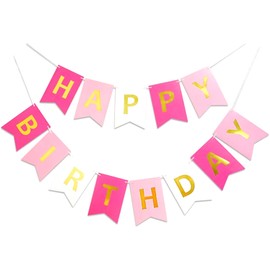 SARTHAM Pink Happy Birthday Banner with Gold Letters, Banner for Party Decorations, Swallowtail Flag Happy Birthday Sign (Gold Letters)