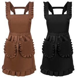 Cute Ruffled Kitchen Apron for Women with Pockets – Vintage Maid Costume with Skirt Design for Cooking, Baking, and Cosplay – Adjustable Pinafore Dress for Household, Waitress, and Chef Workwear