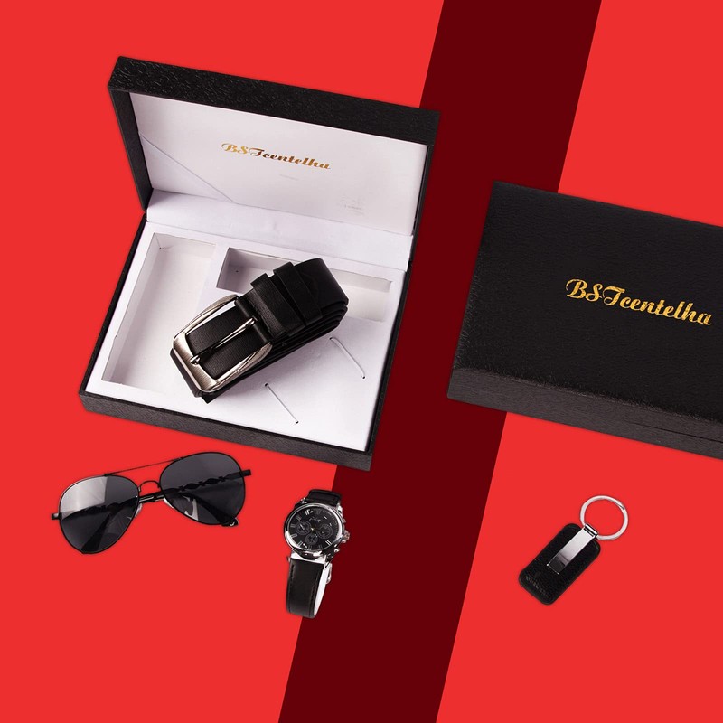 BSTcentelha Mens Gift Set,Mens Artificial Leather Watch Belt Keychain Sunglasses