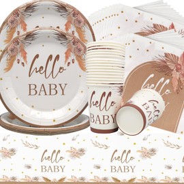 Doyomtoy Boho Baby Shower Party Tableware, 61-Piece Baby Shower Paper Tableware Set - Paper Plates, Paper Towels, Paper Cups for Baby Shower Party Decoration, Boy Girl Party Accessory Set (20 Guests)