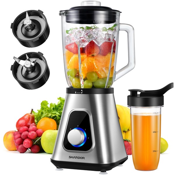 SHARDOR 1200W Blender for Shake and Smoothies, Countertop Blender and Personal Blender Combo, 52oz Glass Jar, 22oz Travel Cup + 3 Adjustable Speed Control for Frozen Fruit Drinks, Smoothies, Sauces, Sliver