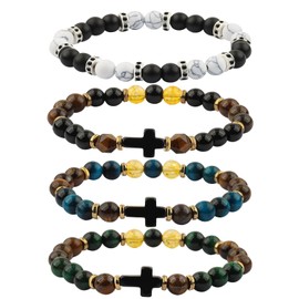 Tiger Eye Cross Jesus Bracelet For Men, 8MM Natural Stone Beads Bracelet Set, Adjustable Bead Beaded Bracelet for Men's Women jewelry Gifts, To My Son Grandson Husband Dad Christmas&Birthday Gifts