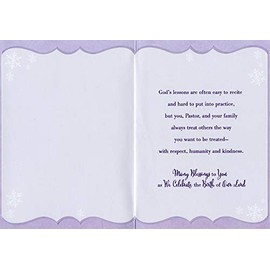 Designer Greetings Purple Church and Evergreen Trees : Falling Snowflakes Pastor and Family Christmas Card
