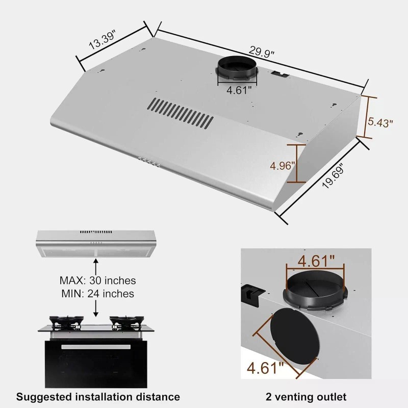 30-Inch Stainless Steel Under-Cabinet Range Hood 250 CFM Kitchen Stove
