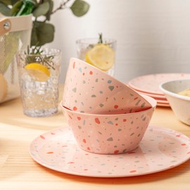 Bzyoo 12-Piece Melamine Dinnerware Set - Confetti Pink Plates and Bowl Lightweight BPA-Free Dishwasher Safe Dish Set for Indoor & Outdoor Use - Perfect for Camping, BBQs, Kids Parties