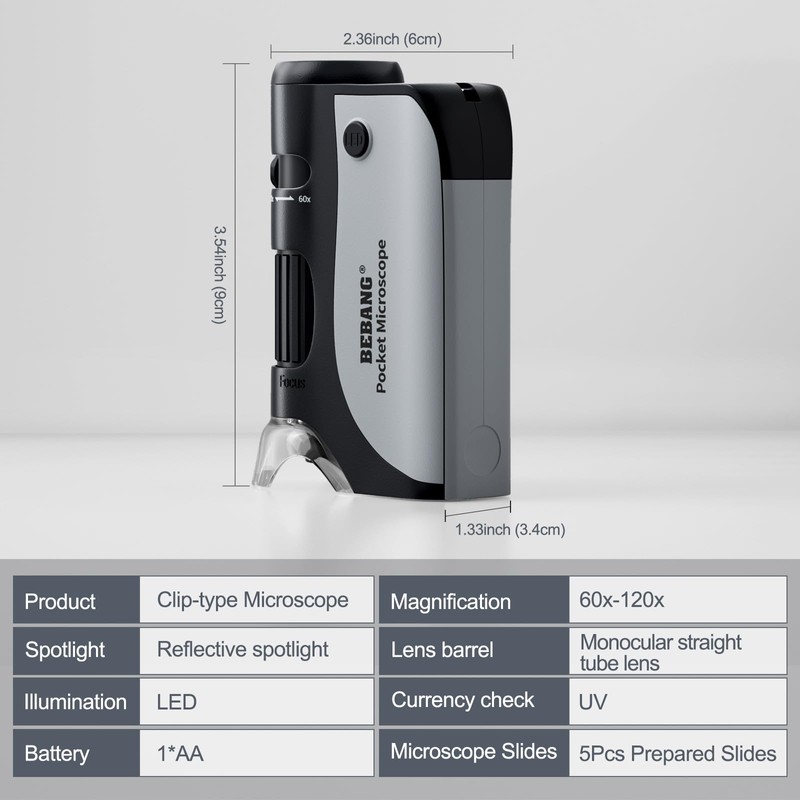 BEBANG 60x-120x Pocket Microscope, Handheld Mini Microscope for Kids with