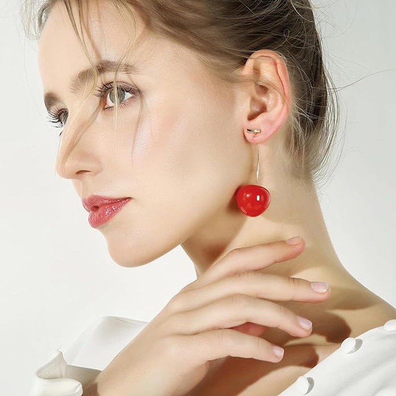 SZJYKF 3D Lifelike Red Cherry Dangle Drop Earrings Creative Assorted